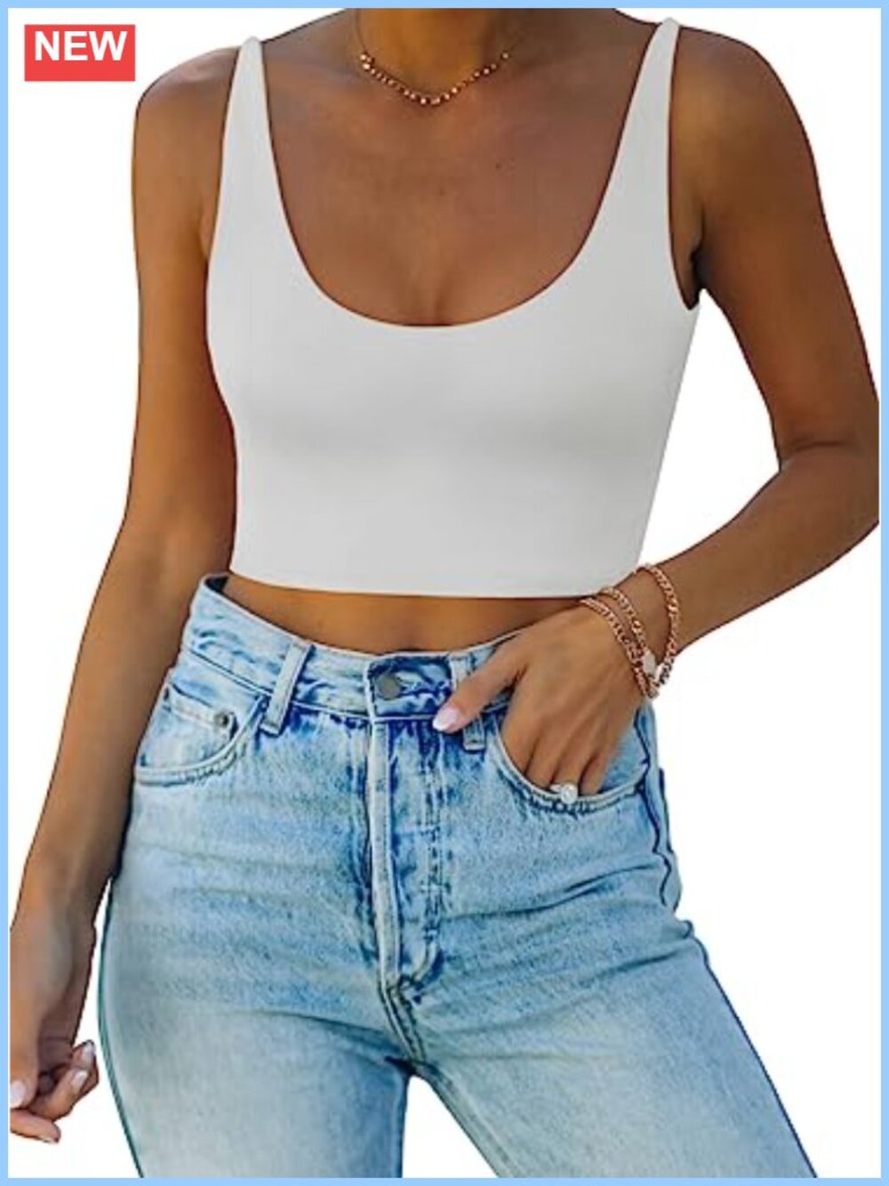 Women's Basic Deep Scoop Neck Sleeveless Tank Crop Top - Adjustable Straps,